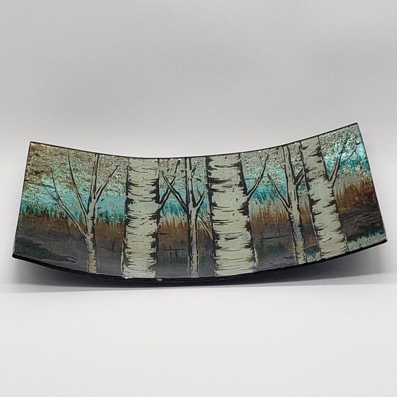 𝅺Reverse Hand Painted Birch Tree Forest Art Glass Console Plate - Picture 6 of 11